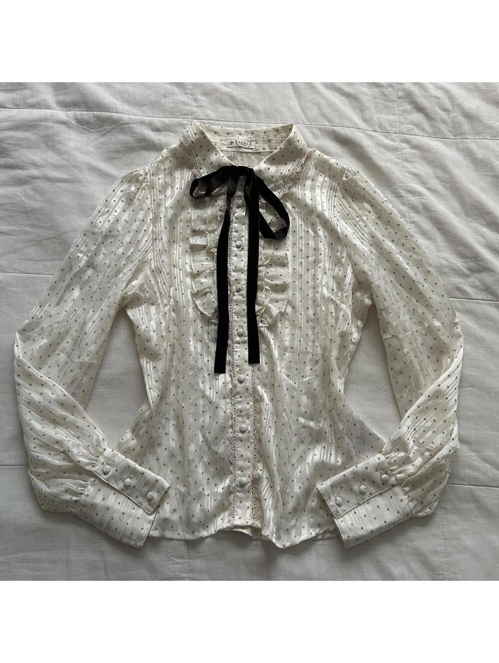 Axes Femme Ivory Sheer Polka Dot Blouse Black Velvet Bow Lace Ruffles Size M
